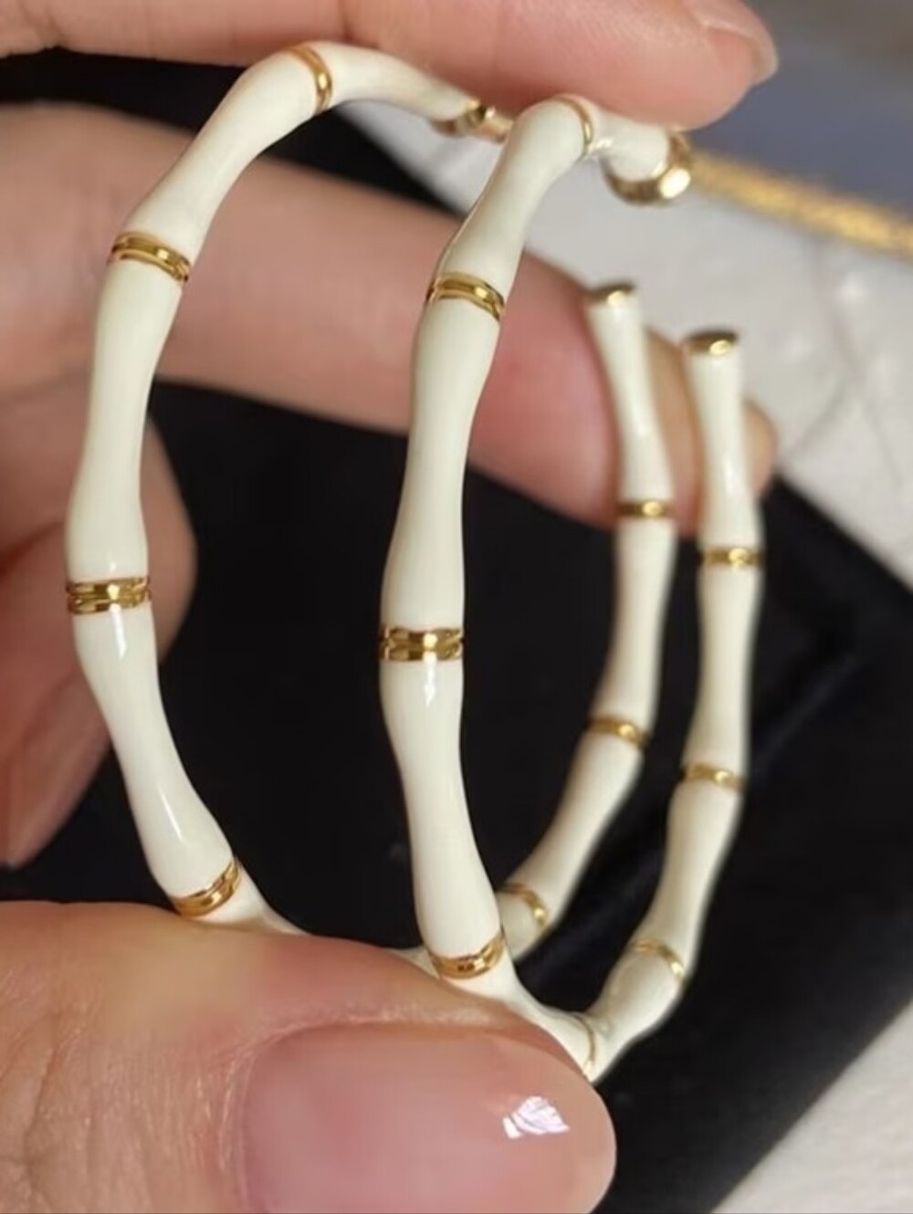 NEW! White Enamel Bamboo Thin Open Hoop Post Earrings with Gold Accents - Picture 4 of 5